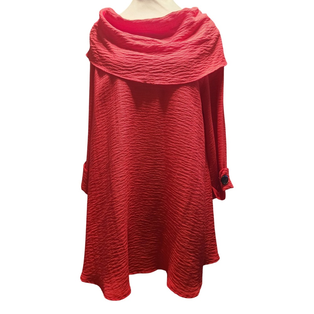 Yushi Red Crinkle Cowl Neck Tunic Top Oversized Button Lagenlook Size M